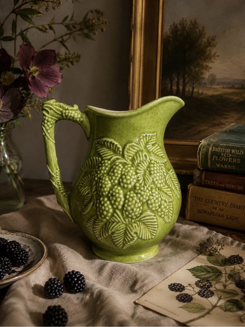 Vintage 1970s Atlantic Mold Lime Green BLACKBERRY 6" Ceramic Speckled Pitcher